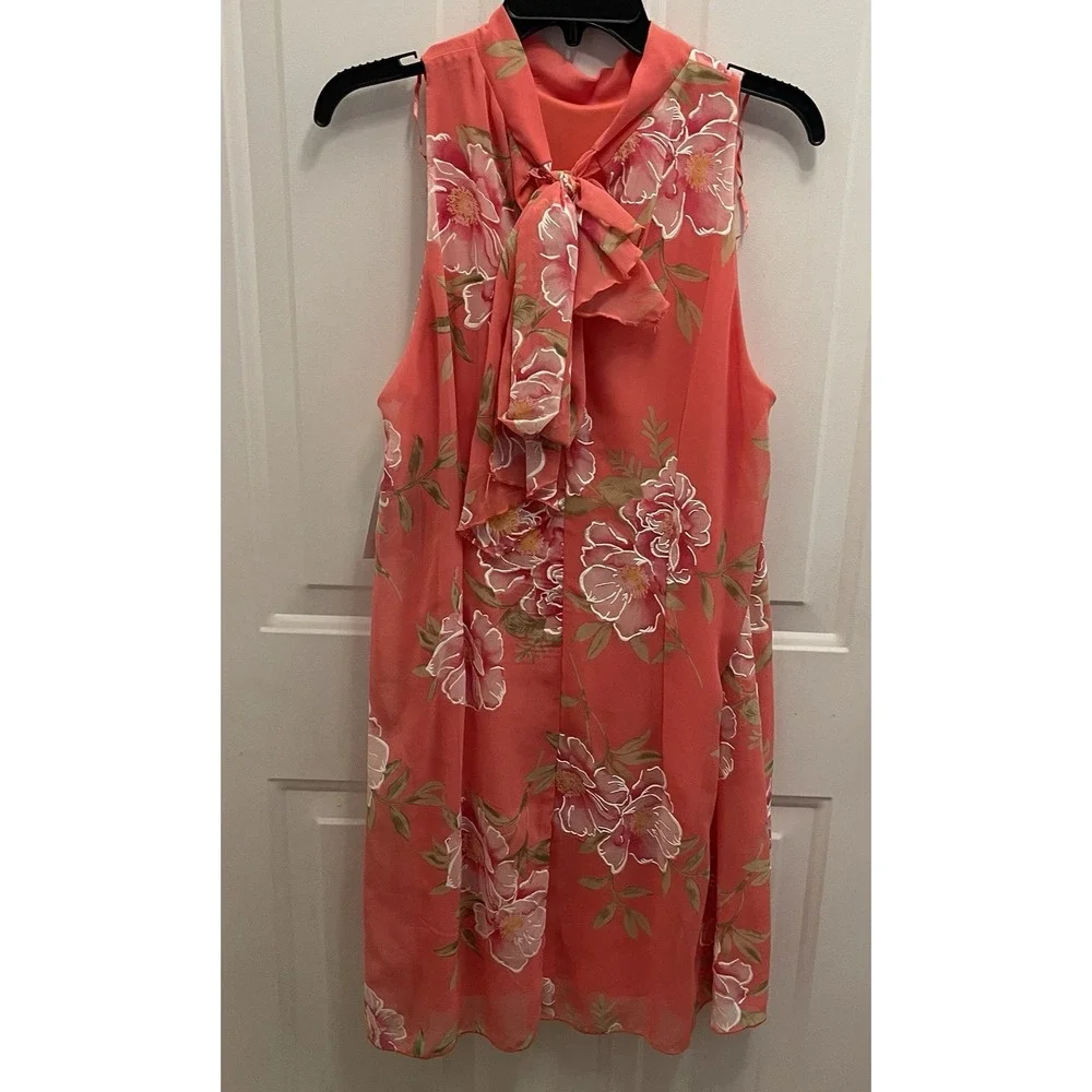 Signature By Robbie Bee Coral Floral Mock Neck‎ Bow Back Aline Dress Womens 12